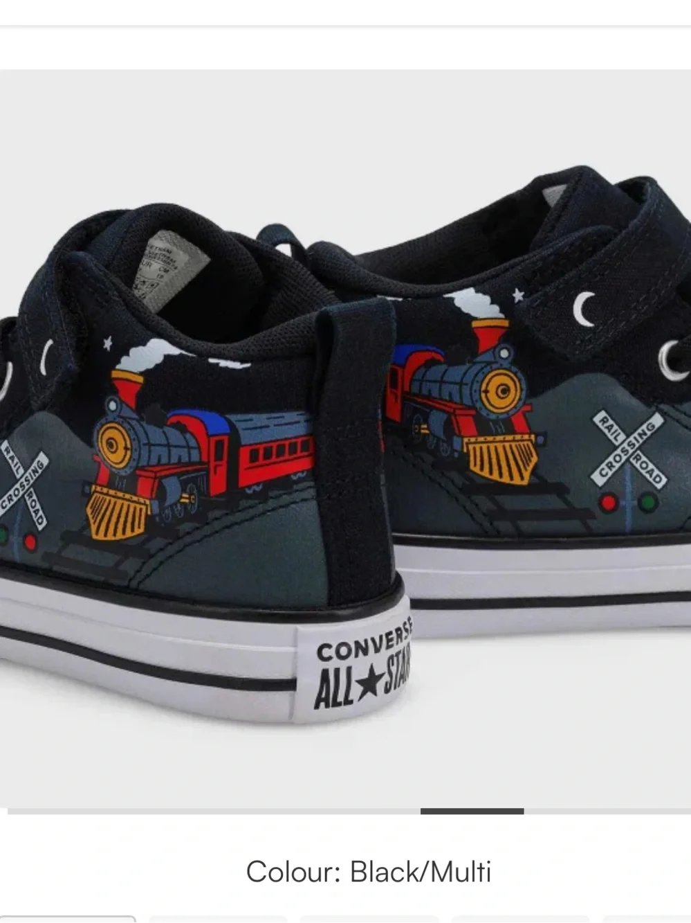 Converse Kids Black High-Top Sneakers with Multi-Color Train Graphic.